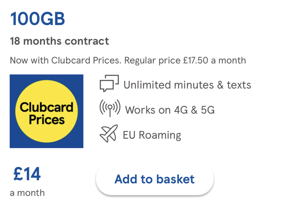 Tesco Mobile differentiated prices example: 100GB for £14 per month to Clubcard members , otherwise £17.50 per month. 